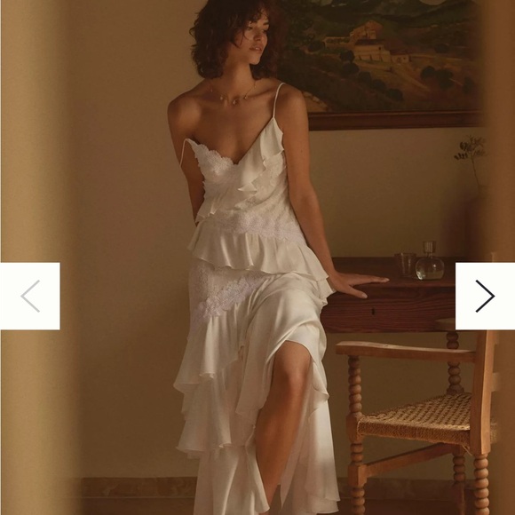 BHLDN V-NECK TIERED RUFFLE LACE SATIN MAXI DRESS - Picture 1 of 6